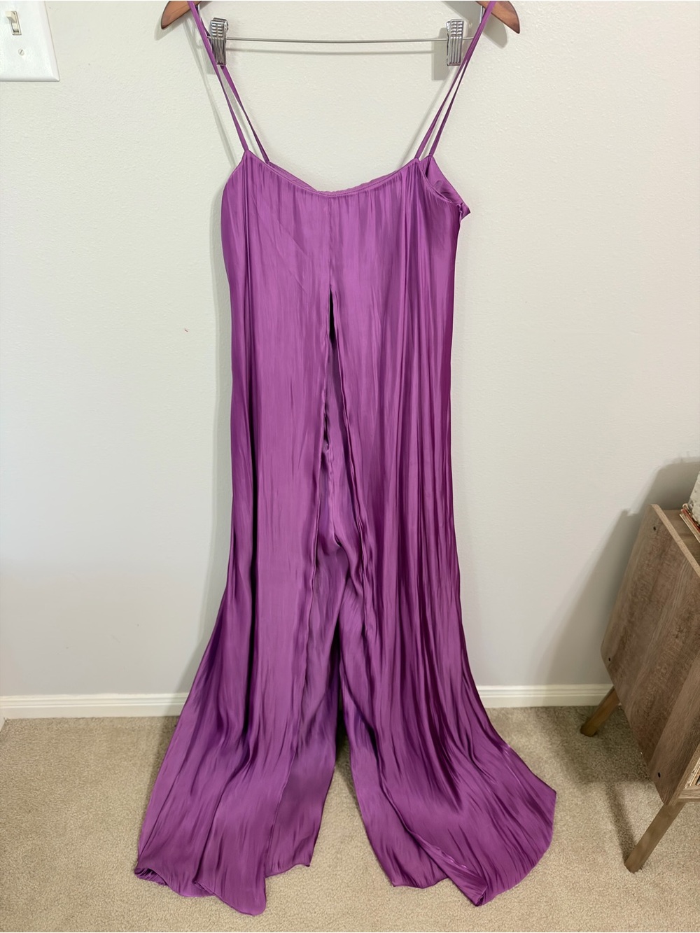 NWT Mango Satin Pleated Wide Leg Jumpsuit Front Slit Purple